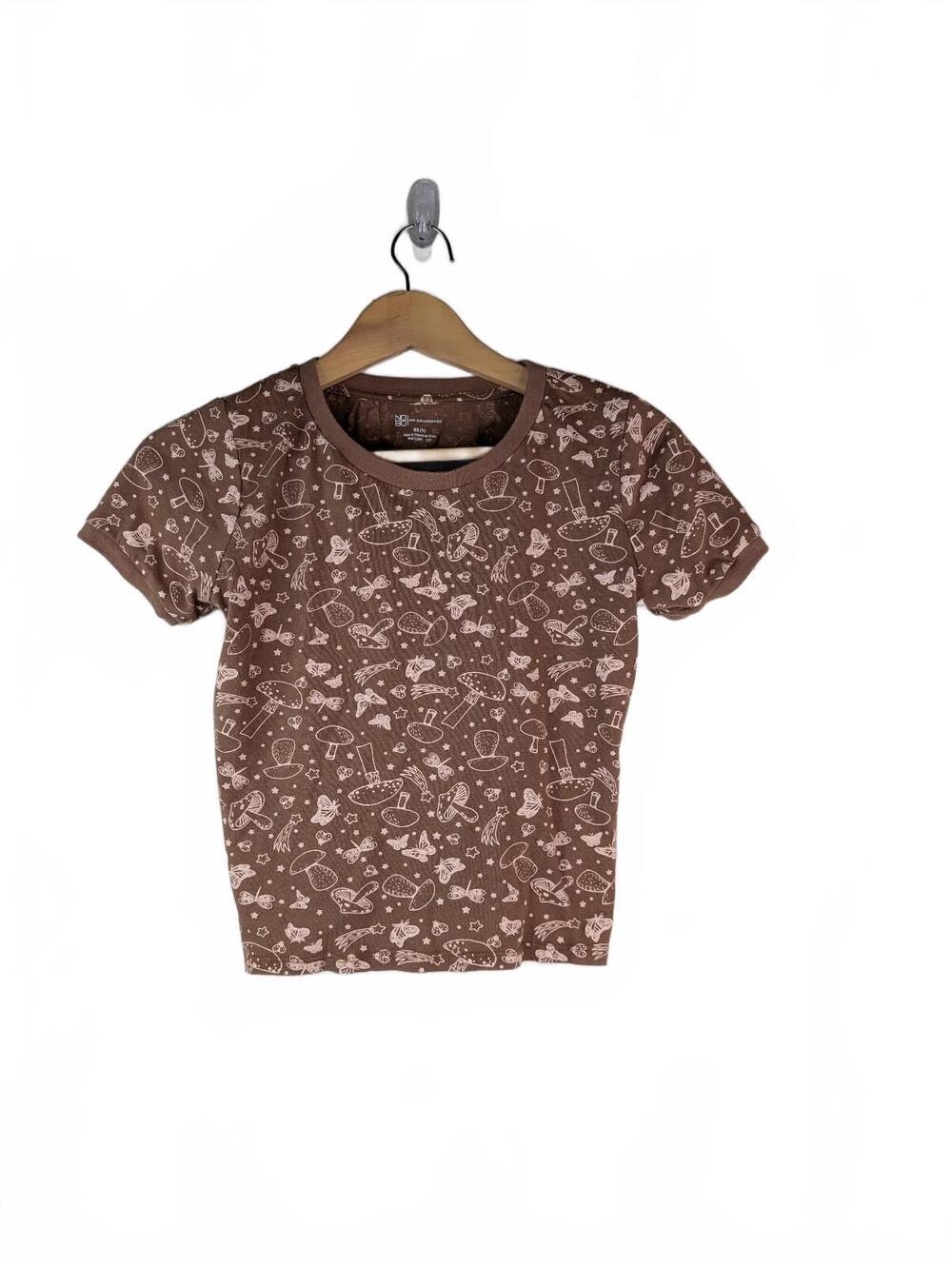 Brown Babygirl T-Shirt with Mushroom and Butterfly Print, XS